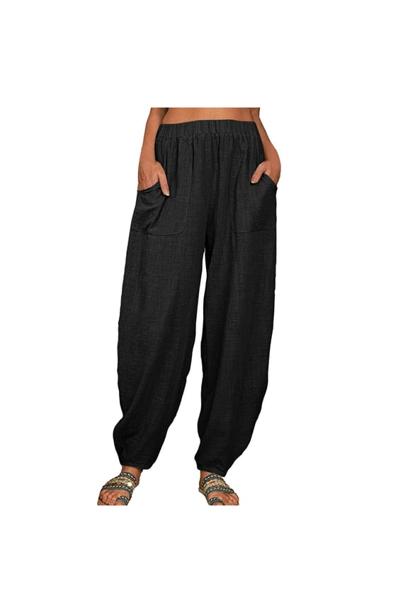 Womens Solid Color High Waisted Harem Pants Elasticated Waistband Loose Fit Lightweight Tapered Leg Casual Boho Trousers For Summer Wear Black L