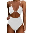 thumbnail image 1 of VNKIDY Womens Solid Color Hollow Out One Piece Swimsuit Spaghetti Strap V Neck Ruched Waist High Cut Swimsuit For Summer Beach Wear White L, 1 of 5