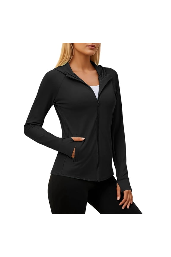 Womens Solid Color Hooded Long Sleeve Full Zip Sun Protection Athletic Jacket With Pockets Thumb Holes Slim Fit Lightweight Activewear For Running Yoga Workouts Trendy Top