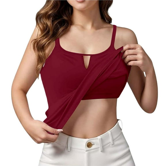 VNKIDY Womens Solid Color Keyhole Front Crop Camisole Top With Built In Bra Sleeveless Slim Fit Casual Top For Summer Beach Daily Wear Red