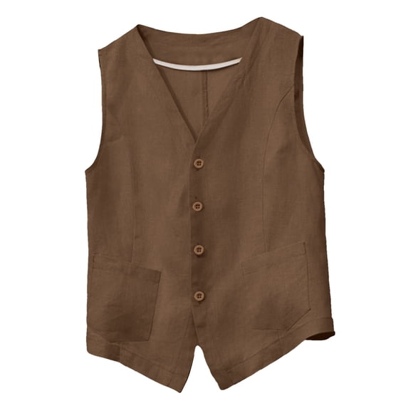 VNKIDY Womens Solid Color Linen Sleeveless Vest With V Neck Button Closure Patch Pockets Lightweight Casual Outerwear For Summer Daily Wear Brown L