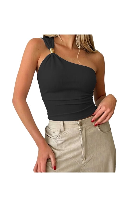 Womens Solid Color One Shoulder Ribbed Tank Top Form Fitting Cropped Stylish Sleeveless Top For Night Out Casual Occasions Black S