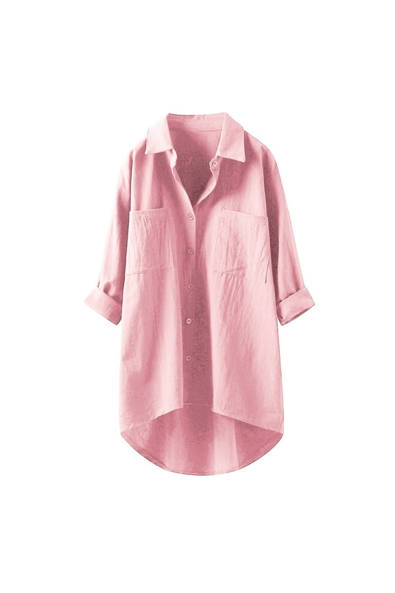Womens Solid Color Oversized Button Down Blouse Casual Long Sleeve Turn Down Collar Shirt With Dual Bust Pockets For Daily Wear Pink XXL