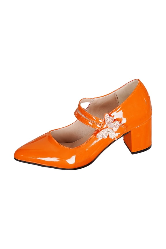 Womens Solid Color Rhinestone Butterfly Double Strap Mary Jane Block Heel Pumps For Formal Parties Office Work Date Wear Versatile Shoes