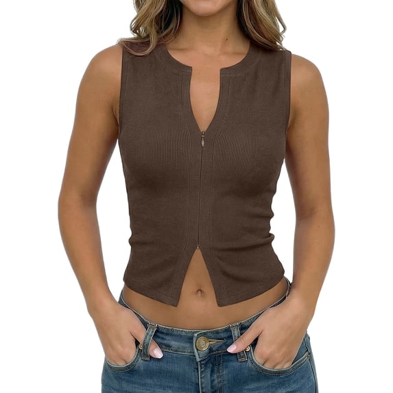 VNKIDY Womens Solid Color Ribbed Knit Sleeveless Zip Front Crop Top Notched Neckline For Casual Daily Wear Coffee L