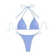 thumbnail image 1 of VNKIDY Womens Solid Color Ribbed Triangle Halter Bikini Top With Tie Closure High Cut String Brief Bottom Two Piece Swimwear Set For Beach Days Summer Vacations Versatile Swimwear, 1 of 3