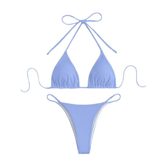 VNKIDY Womens Solid Color Ribbed Triangle Halter Bikini Top With Tie Closure High Cut String Brief Bottom Two Piece Swimwear Set For Beach Days Summer Vacations Versatile Swimwear