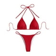thumbnail image 1 of VNKIDY Womens Solid Color Ribbed Triangle Halter Bikini Top With Tie Closure High Cut String Brief Bottom Two Piece Swimwear Set For Beach Days Summer Vacations SoftSwimwear, 1 of 3