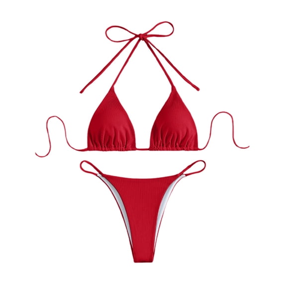 VNKIDY Womens Solid Color Ribbed Triangle Halter Bikini Top With Tie Closure High Cut String Brief Bottom Two Piece Swimwear Set For Beach Days Summer Vacations SoftSwimwear