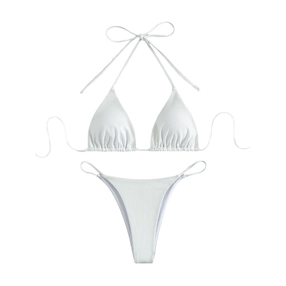 VNKIDY Womens Solid Color Ribbed Triangle Halter Bikini Top With Tie Closure High Cut String Brief Bottom Two Piece Swimwear Set For Beach Days Summer Vacations Leisure Swimwear