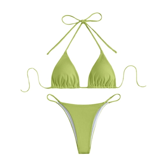 VNKIDY Womens Solid Color Ribbed Triangle Halter Bikini Top With Tie Closure High Cut String Brief Bottom Two Piece Swimwear Set For Beach Days Summer Vacations Trendy Swimwear