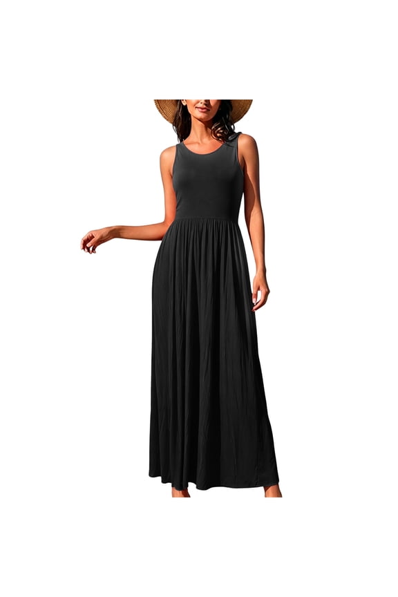 Womens Solid Color Round Neck Sleeveless Maxi Dress With High Waist A Line Skirt Stretchy Dress For Beach Vacations Weekend Trips Everyday Summer Outings Leisure Dress