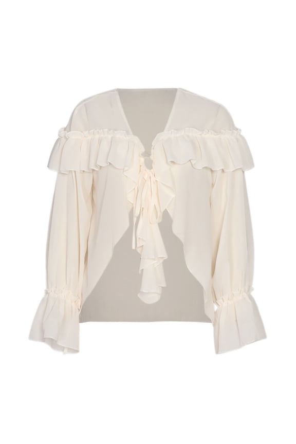 Womens Solid Color Ruffled Tie Front Blouse Vintage Long Sleeve Puff Sleeve Top With Ruffled Trim For Party Daily Wear White S