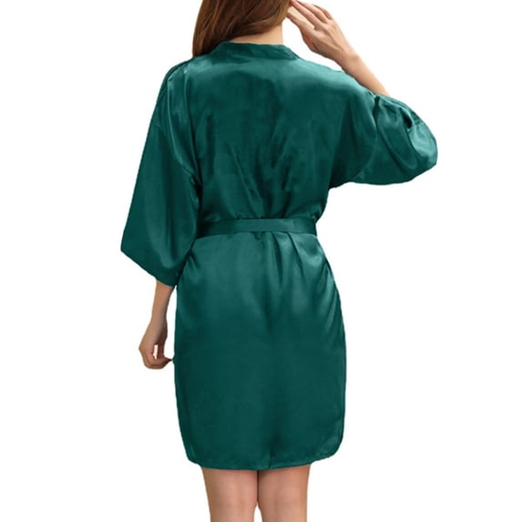 VNKIDY Womens Solid Color Satin Kimono Robe With Half Sleeves Wrap Style Loungewear With Waist Belt For Casual Sleepwear Dark Green M