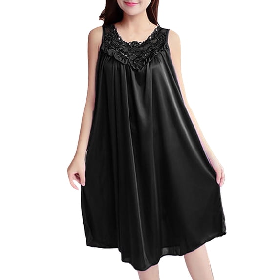 VNKIDY Womens Solid Color Satin Sleeveless Nightgown V Neck Loose Fit Sleep Dress With Lace Ruffle Trim For Comfortable Loungewear Black One Size