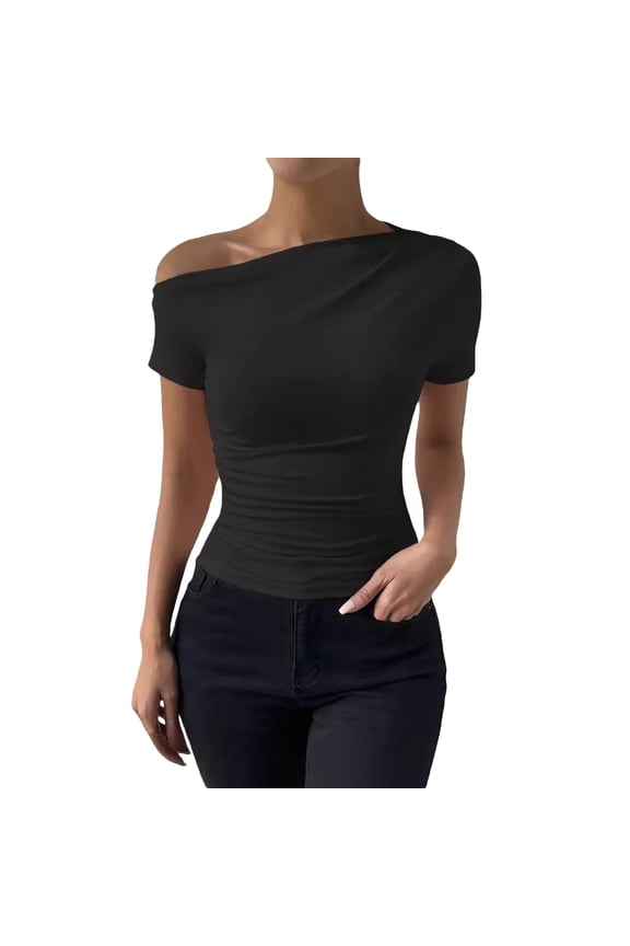 Womens Solid Color Short Sleeve Top With Asymmetric Off Shoulder Neckline Ruched Side Form Fit For Casual Daily Wear Date Outings Black XXL