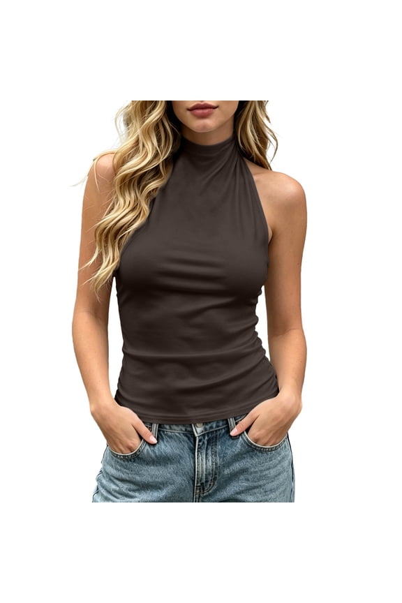 Womens Solid Color Sleeveless High Neck Halter Top With Slim Fit Ruched Stretchy For Night Out Events Everyday Casual Streetwear Leisure Top
