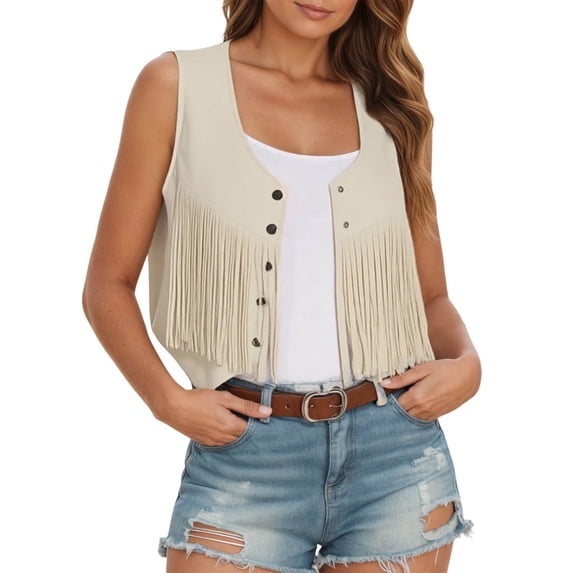 VNKIDY Womens Solid Color Sleeveless Suede Vest With Fringe Hem Button Closure Casual Outerwear For Daily Wear Streetwear White XXL