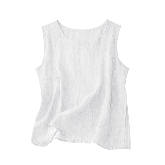 VNKIDY Womens Solid Color Sleeveless Tank Top Linen Loose Fit Crewneck Casual Lightweight Blouse For Summer Beach Vacation Daily Wear White