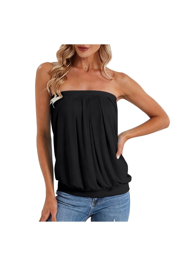 Womens Solid Color Strapless Tube Top With Banded Hem Loose Fit Casual Sleeveless Blouse For Summer Everyday Wear Night Out Black L