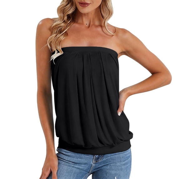 VNKIDY Womens Solid Color Strapless Tube Top With Banded Hem Loose Fit Casual Sleeveless Blouse For Summer Everyday Wear Night Out Black S