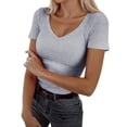 thumbnail image 1 of VNKIDY Womens Solid Color V Neck Short Sleeve Ribbed Knit Fitted TShirt For Daily Wear Casual Layering Everyday Outings Light Gray XL, 1 of 5