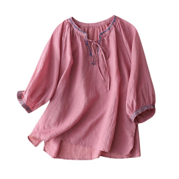 VNKIDY Womens Solid Color V Neck Three Quarter Puff Sleeve Embroidered Tie Neck Blouse For Summer Daily Wear Vacation Outings Red XXL