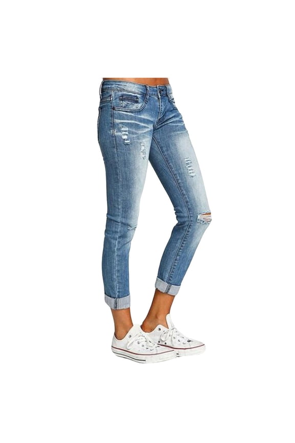 Womens Solid Color Washed Denim Mid Waist Cropped Jeans Ripped Detail Slim Fit Casual Trousers For Daily Wear Light blue L