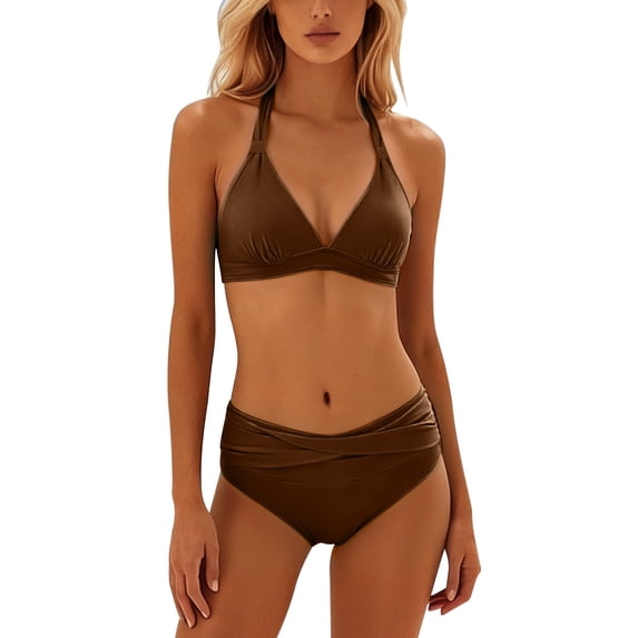 VNKIDY Womens Solid Halter Triangle Bikini Top Mid Waisted Cross Wrap Brief Bottom Two Piece Swimwear Set For Beach Days Pool Parties Summer Vacations Water Activities Stylish Swimwear