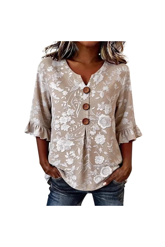 Womens Split Neck Three Quarter Sleeve Floral Pattern Blouse With Button Front Ruffle Sleeve Hem Casual Top For Everyday Wear Spring Summer Outings Classic Top