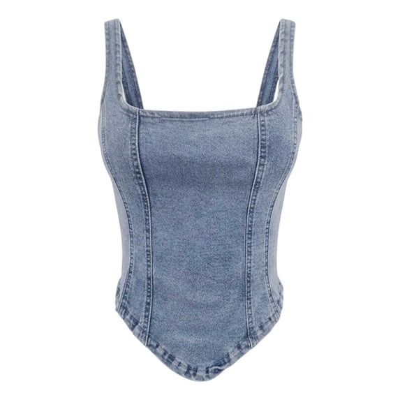 VNKIDY Womens Square Neck Denim Bustier Top With Wide Straps Form Fitting Washed Denim Corset For Summer Street Style Wear Blue S
