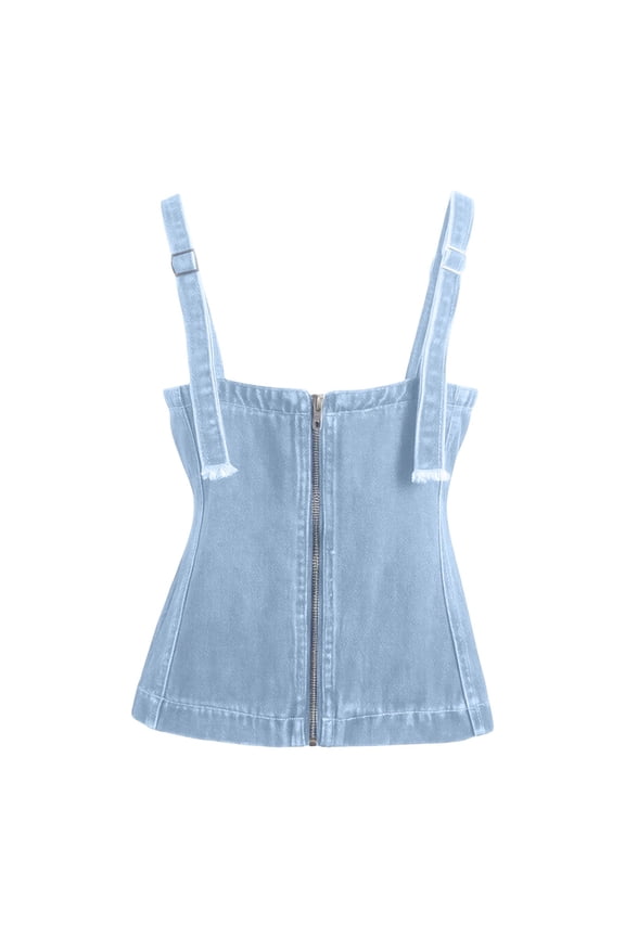 Womens Square Neck Denim Cami Top With Wide Straps Tailored Seams Flared Peplum Hem Form Fitting Sleeveless Blouse For Casual Summer Wear Light Blue S