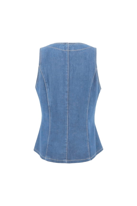 Womens Square Neck Denim Vest With Brown Button Front Flared Peplum Hem Sleeveless Tailored Waistcoat For Office Casual Wear Light Blue S