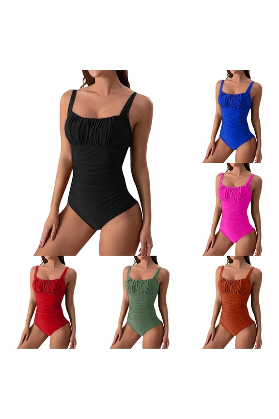 Womens Square Neck Gathered Bust Ruched Tummy Control One Piece Swimsuit Summer Beach Regular Fit Quick Dry Swim Bath Suits For Ladies Black L