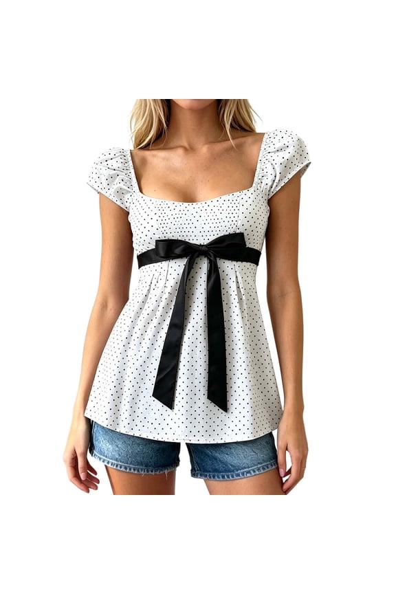 Womens Square Neck Puff Short Sleeve Polka Dot Bow Tie Waist Peplum Blouse For Summer Date Casual Everyday Outings White M