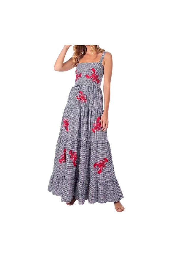 Womens Square Neck Spaghetti Strap Tiered Maxi Dress With Lobster Embroidery Gingham Pattern Lightweight For Beach Vacation Parties Casual Summer Outings Stylish Dress