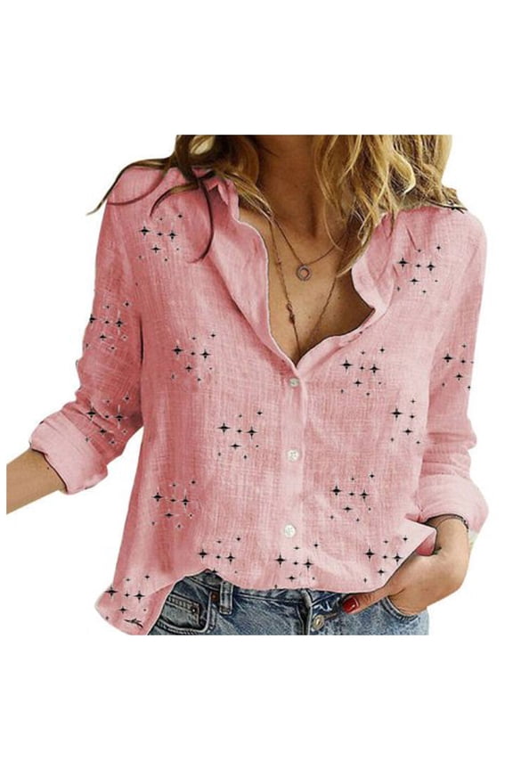 Womens Star Print Button Down Loose Fit Blouse Casual Street Style Long Sleeve Turn Down Collar Shirt For Daily Wear Light Pink XL