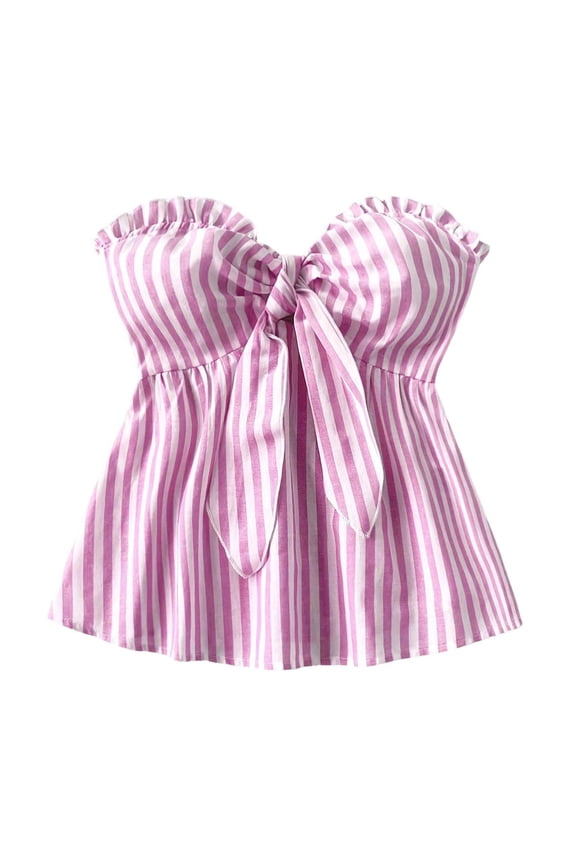 Womens Strapless Color Block Striped Top With Front Ruffle Trim Bow Detail Flowy Casual Tube Top For Summer Beach Trips Wear Pink XXL