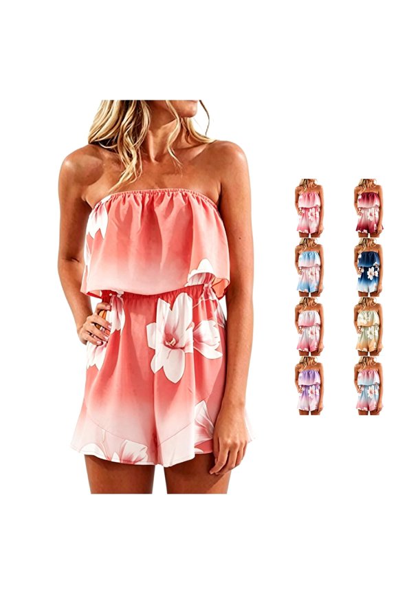 Womens Strapless Tube Ruffle Overlay Gradient Floral Print Elastic Cinched Waist Relax Fit Short Romper Lightweight Flowy Summer Boho Sleeveless Jumpsuit For Ladies M