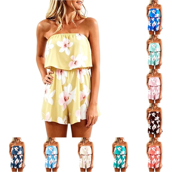 VNKIDY Womens Strapless Tube Top Ruffle Overlay Floral Print Elastic Waist Loose Fit Short Jumpsuit Lightweight Breathable Summer Beach Vacation Casual Romper For Ladies M