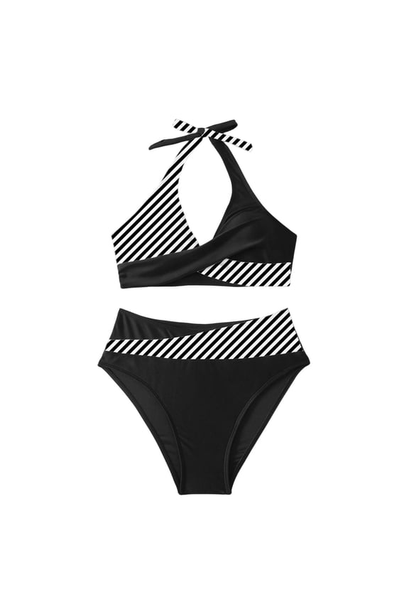 Womens Striped Color Block Halter Wrap Bikini Top High Waisted Brief Bottom Two Piece Swimwear Set For Beach Days Pool Parties Summer Vacations C欧洲游Swimwear