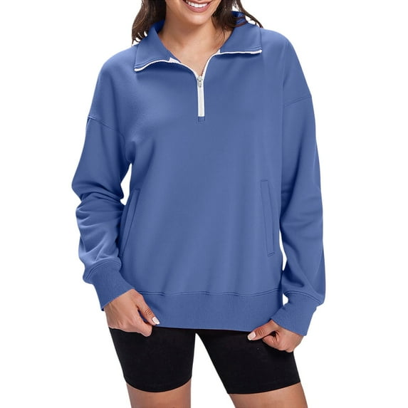 VNKIDY Womens Sweatshirts Half Zip Pullover Cropped Comfort Fall Loose Tops Fashion Long Sleeve Solid Color O-Neck Boho Dailywear