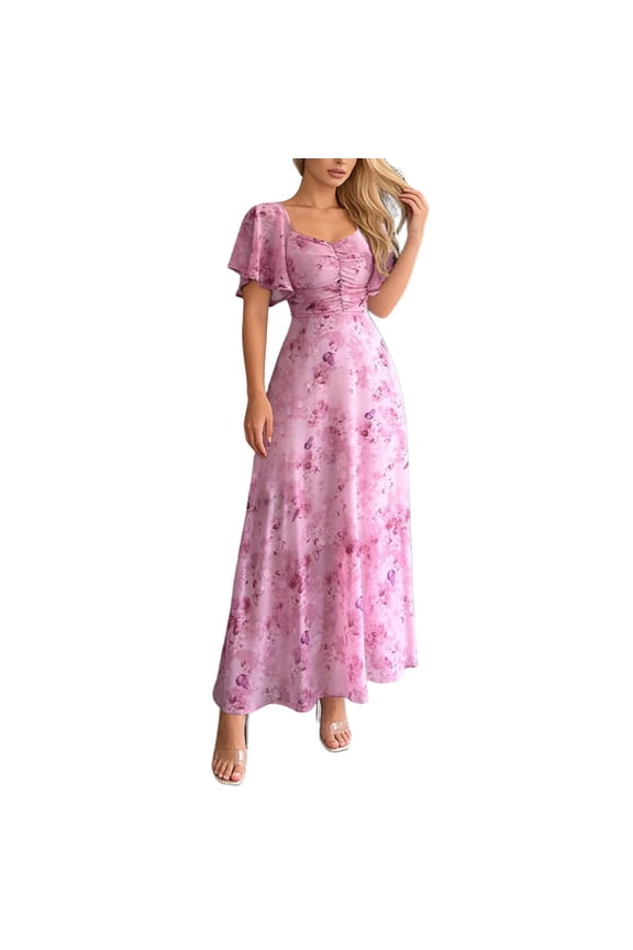 Womens Sweetheart Neck Flutter Short Sleeve Maxi Dress With Floral Butterfly Print Ruched Bust Flowy Lightweight For Dates Casual Summer Outings Lightweight Dress