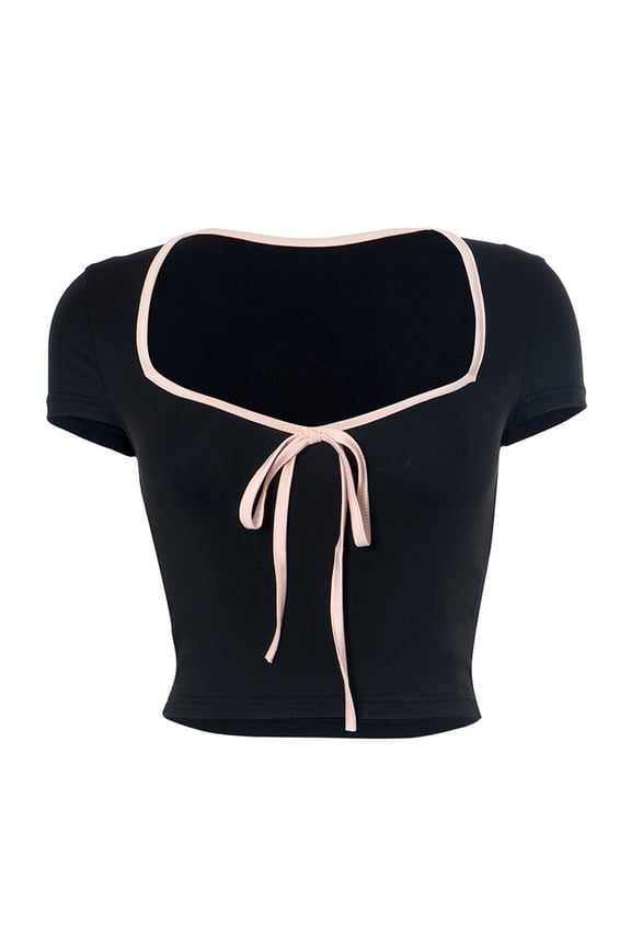 Womens Sweetheart Neck Short Sleeve Crop Top With Contrast Trim Front Bow Detail Slim Fit Casual Tee For Streetwear Date Nights Cozy Top