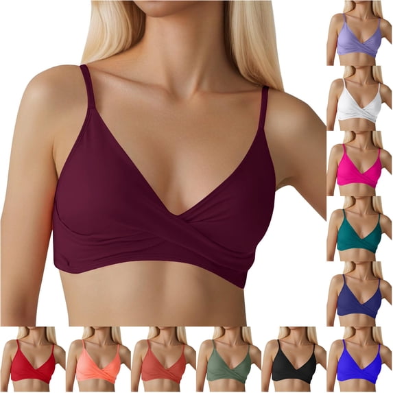 VNKIDY Womens Thin Spaghetti Strap Front Twist Solid Color V Neck Bikini Top Summer Seaside Regular Fit Quick Dry Swim Bath Tops For Ladies Red L