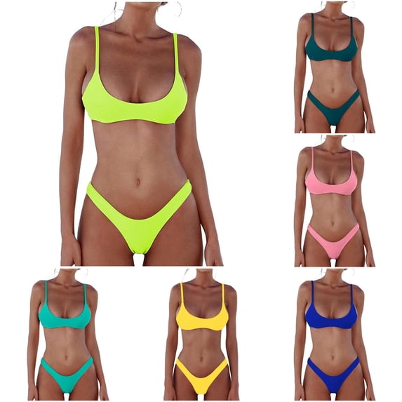 VNKIDY Womens Thin Spaghetti Strap Scoop Neck Solid Color High Cut Two Piece Bikini Swimsuit Summer Beach Regular Fit Quick Dry Bathing Suit For Ladies XXL