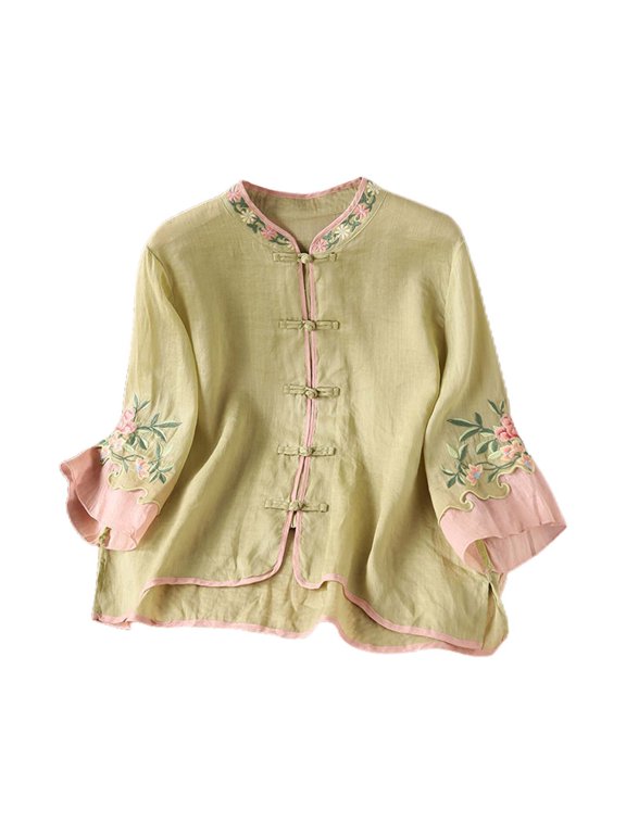 Womens Three Quarter Sleeve Blouse With Mandarin Collar Knot Buttons Floral Embroidery Relaxed Fit For Casual Daily Wear Summer Outings Green XL