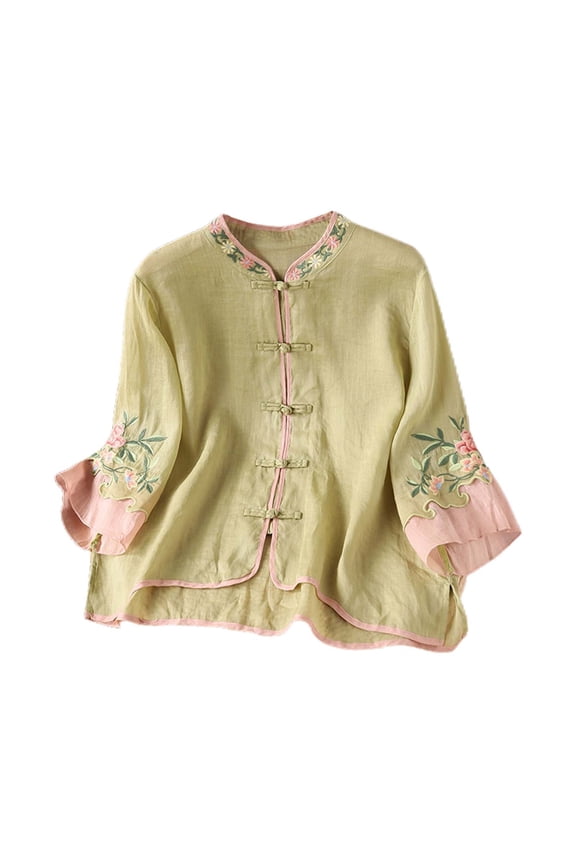 Womens Three Quarter Sleeve Blouse With Mandarin Collar Knot Buttons Floral Embroidery Relaxed Fit For Casual Daily Wear Summer Outings Green XXL