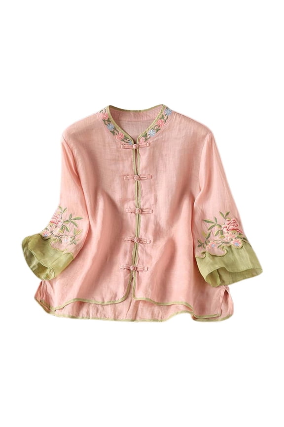 Womens Three Quarter Sleeve Blouse With Mandarin Collar Knot Buttons Floral Embroidery Relaxed Fit For Casual Daily Wear Summer Outings Pink XXL