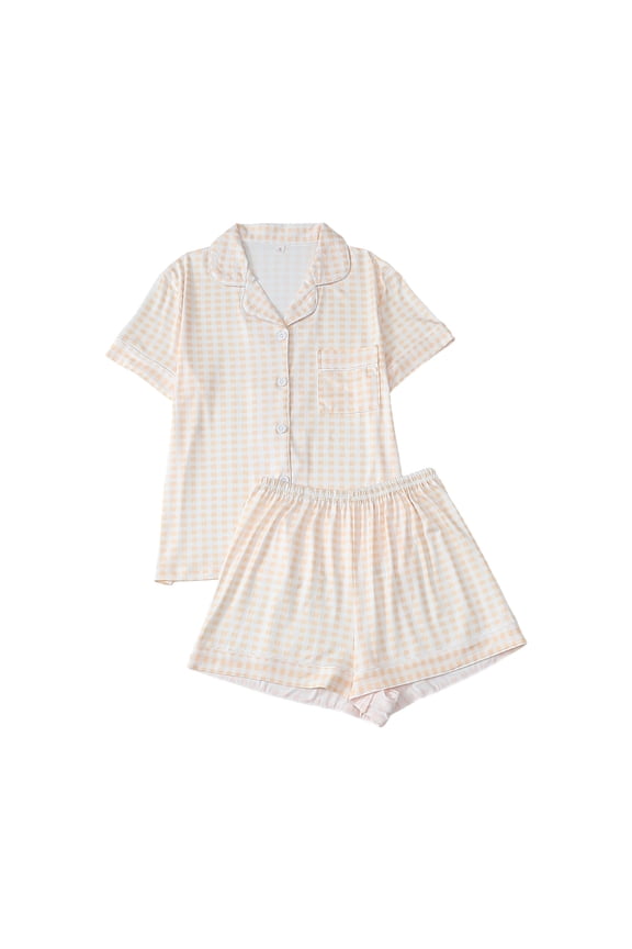 Womens Two Piece Pajama Set Gingham Print Short Sleeve Button Down Collared Top With Bust Pocket Matching Shorts Soft Loungewear For Nightwear Light Yellow M